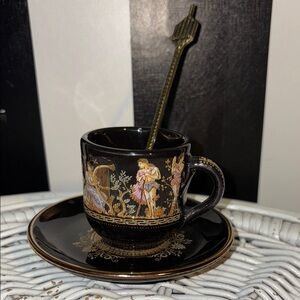 1960s Black and Gold Greek Gods Motif Mini Tea Cup /Saucer Set 24K Gold & Spoon